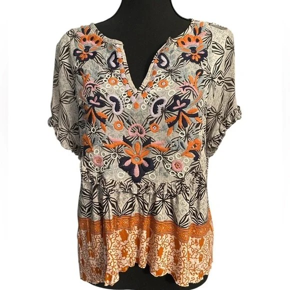 Anthropologie Terri Embroidered Floral Top Small Boho Cottagecore Short Sleeve - Picture 7 of 7